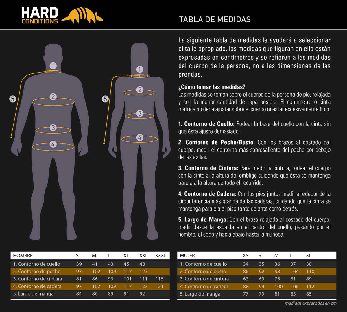 Tabla de medidas Hard Conditions: cómo tomar las medidas y talles en cm